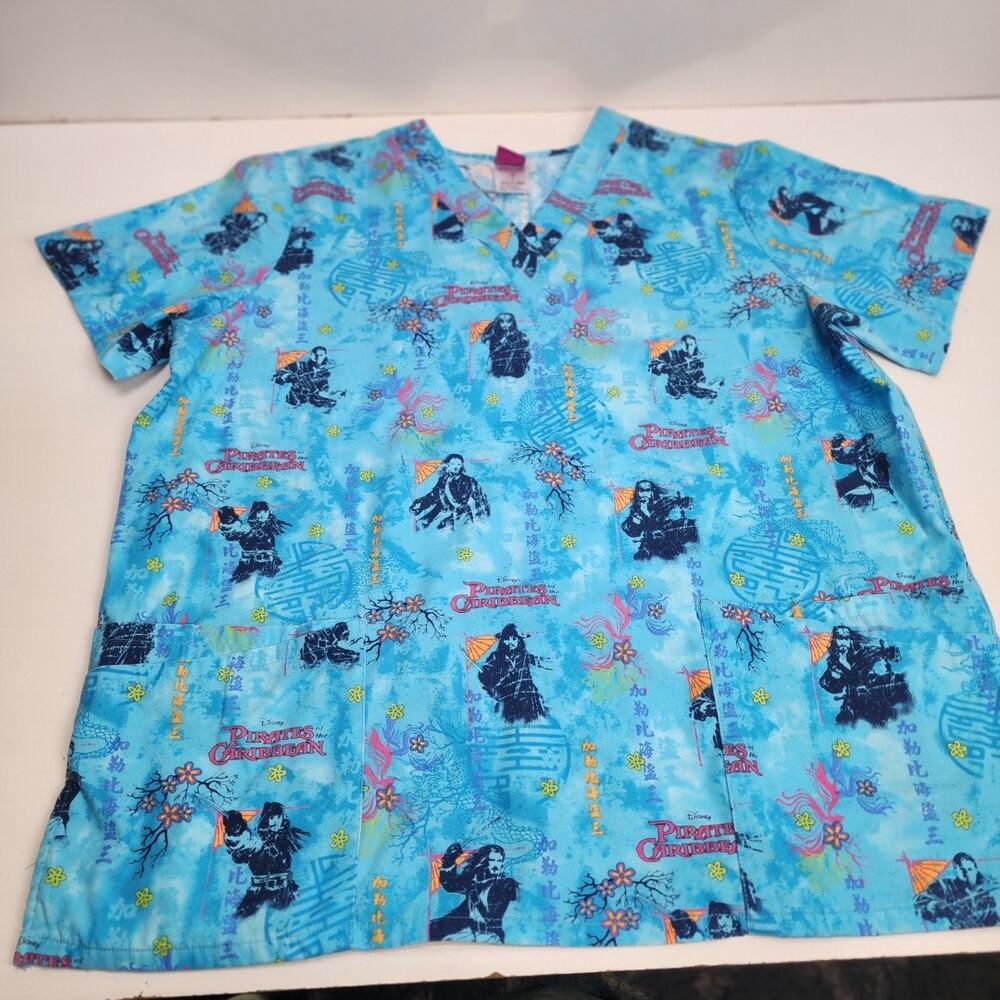 Disney Pirates of the Caribbean Blue Short Sleeve Scrubs Top Women's Size L